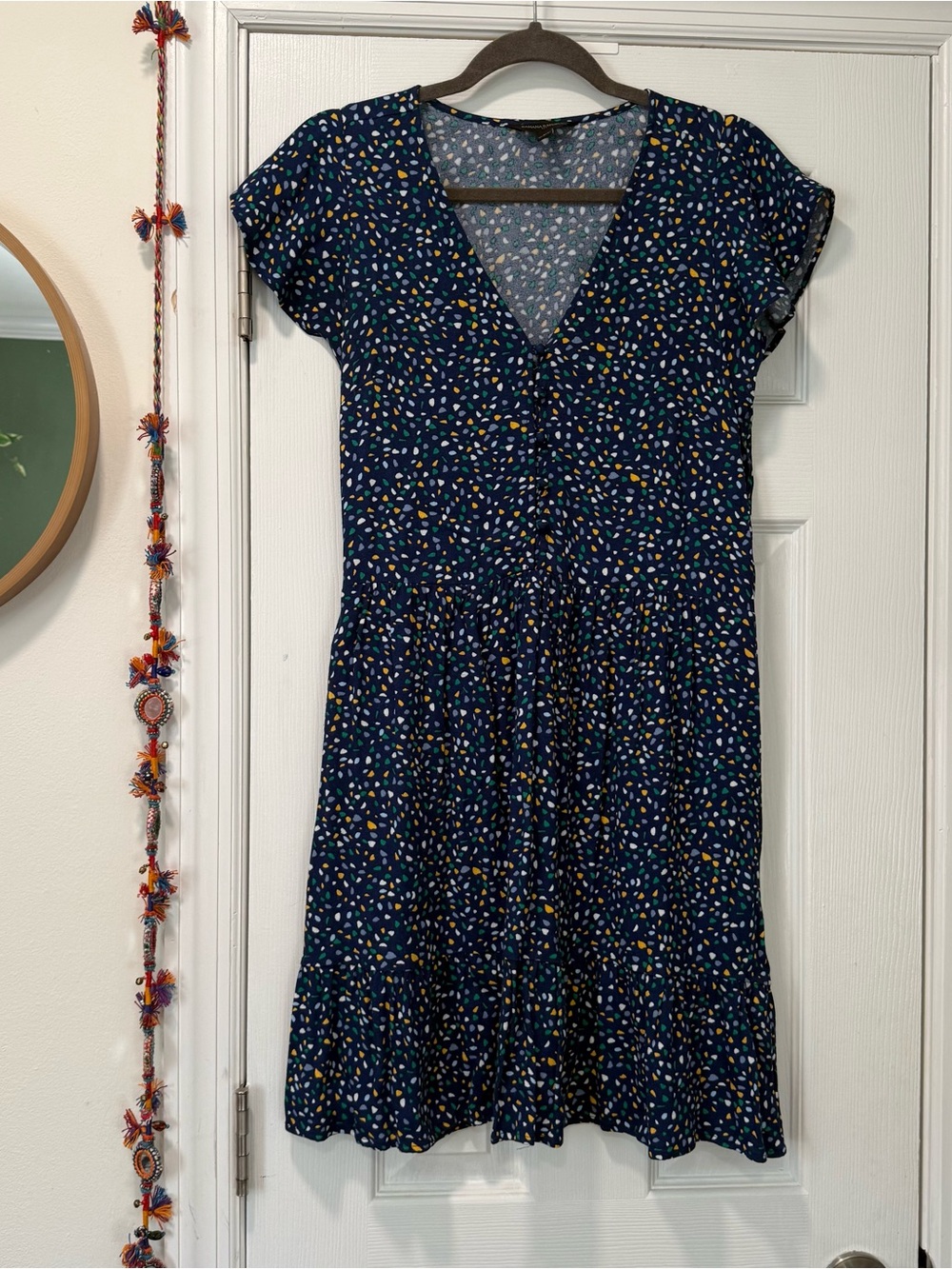 Banana Republic Navy V-Neck Midi Dress with Multicolor Dot Print
